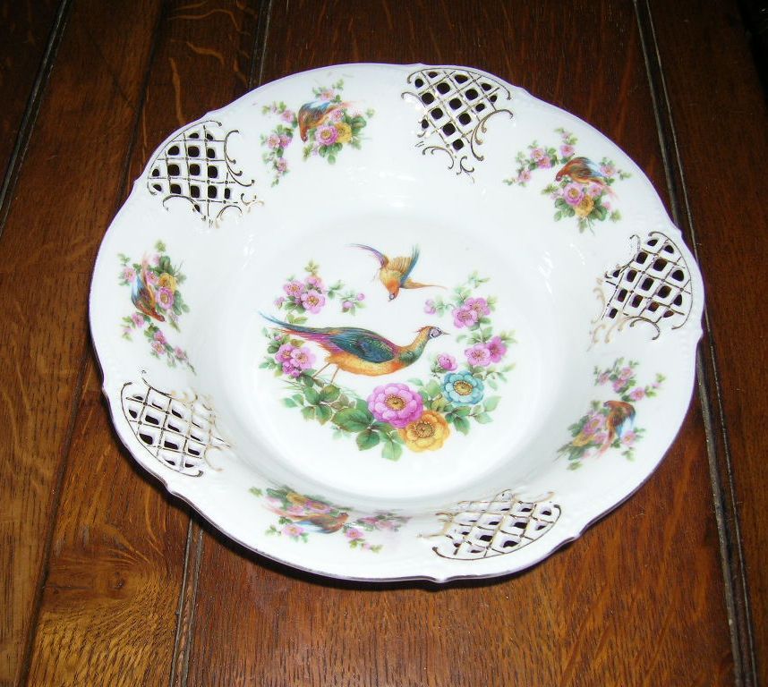 Schumann Dresden Germany Bowl Reticulated Phoenix Birds Flowers Schumann Dresden Germany Bowl Reticulated Phoenix Birds Flowers