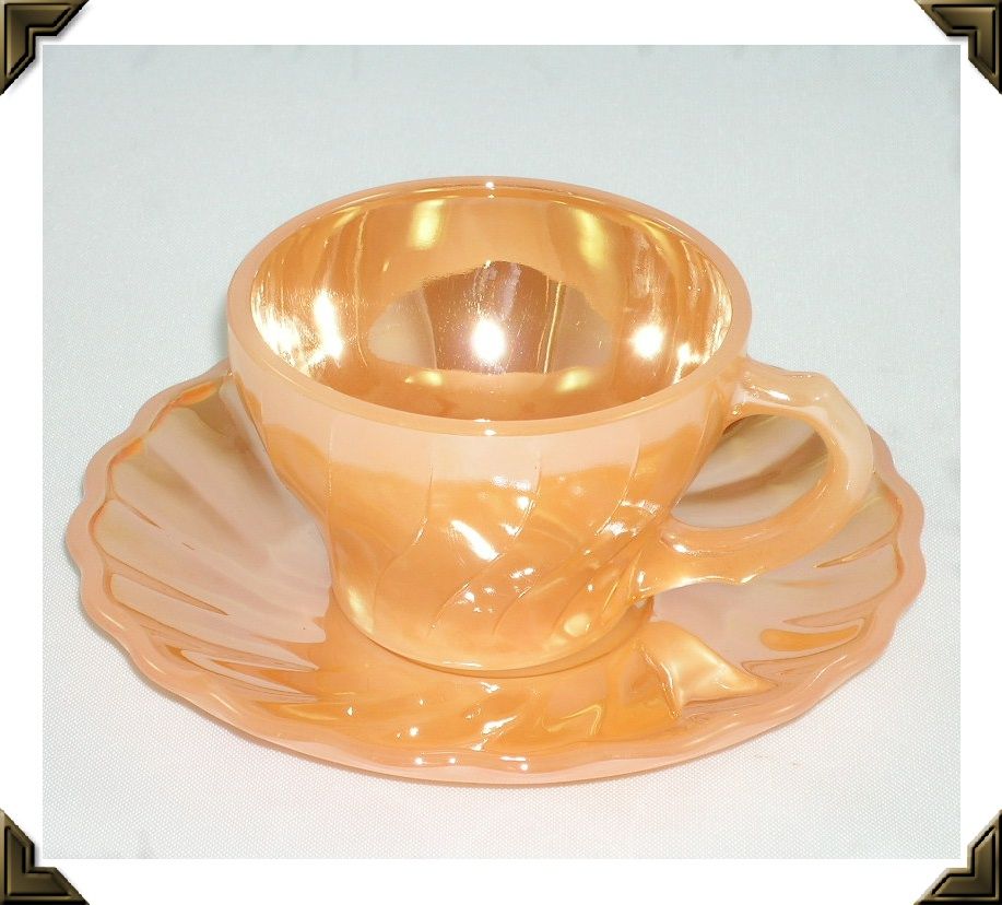 Vintage Fire King Demitasse Cup & Saucer Swirl Pattern Peach Luster Vintage Fire King Demitasse Cup & Saucer Swirl Pattern Peach Luster
