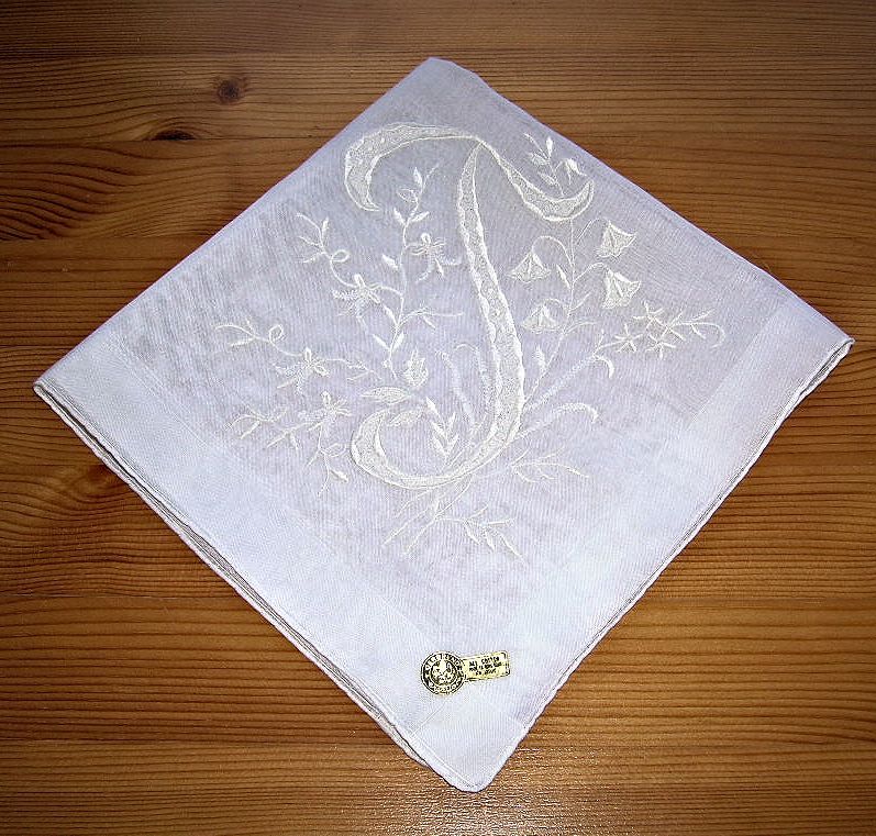 Pretty Vintage NOS Initial J Handkerchief/Hanky White On White Pretty Vintage NOS Initial J Handkerchief/Hanky White On White