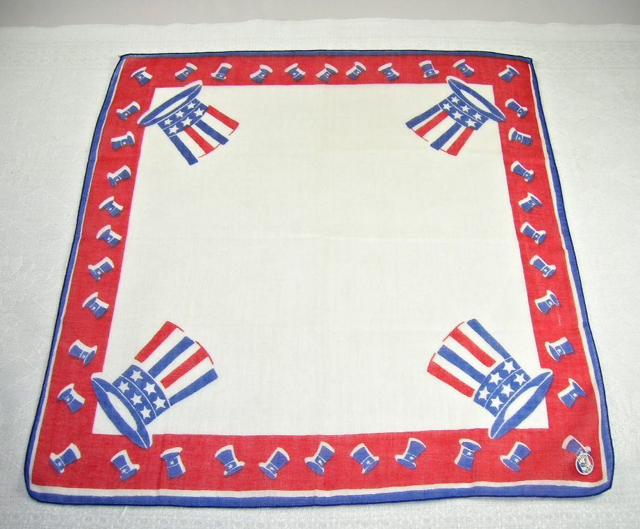 Vintage Patriotic USA Uncle Sam Hat Stars Stripes Handkerchief Hanky NOS Vintage Patriotic USA Uncle Sam Hat Stars Stripes Handkerchief Hanky NOS
