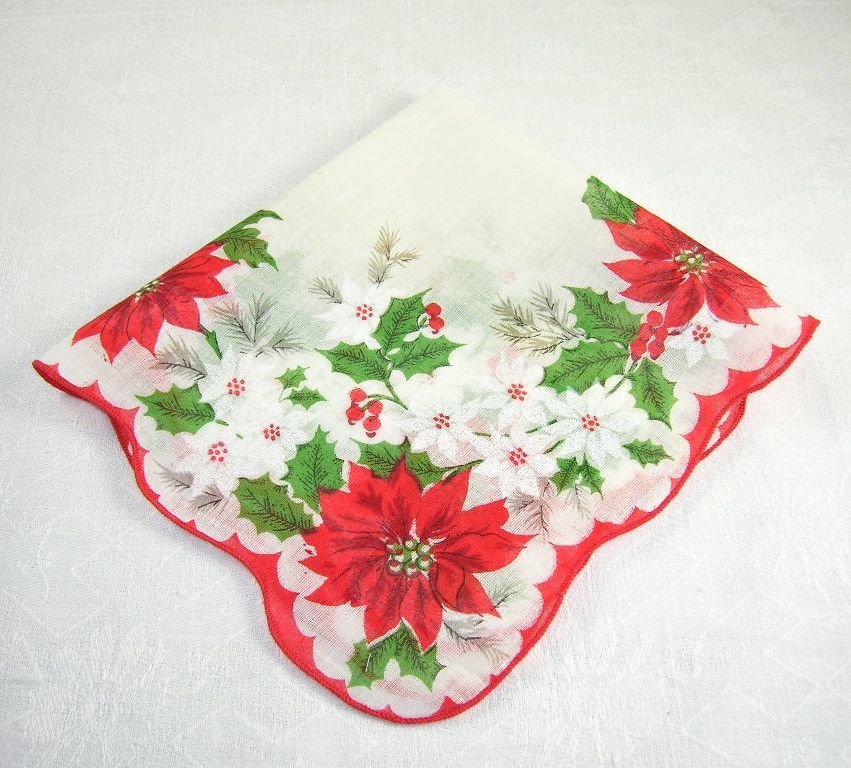 Vintage Christmas Handkerchief/Hanky Poinsettias Holly Pines Vintage Christmas Handkerchief/Hanky Poinsettias Holly Pines