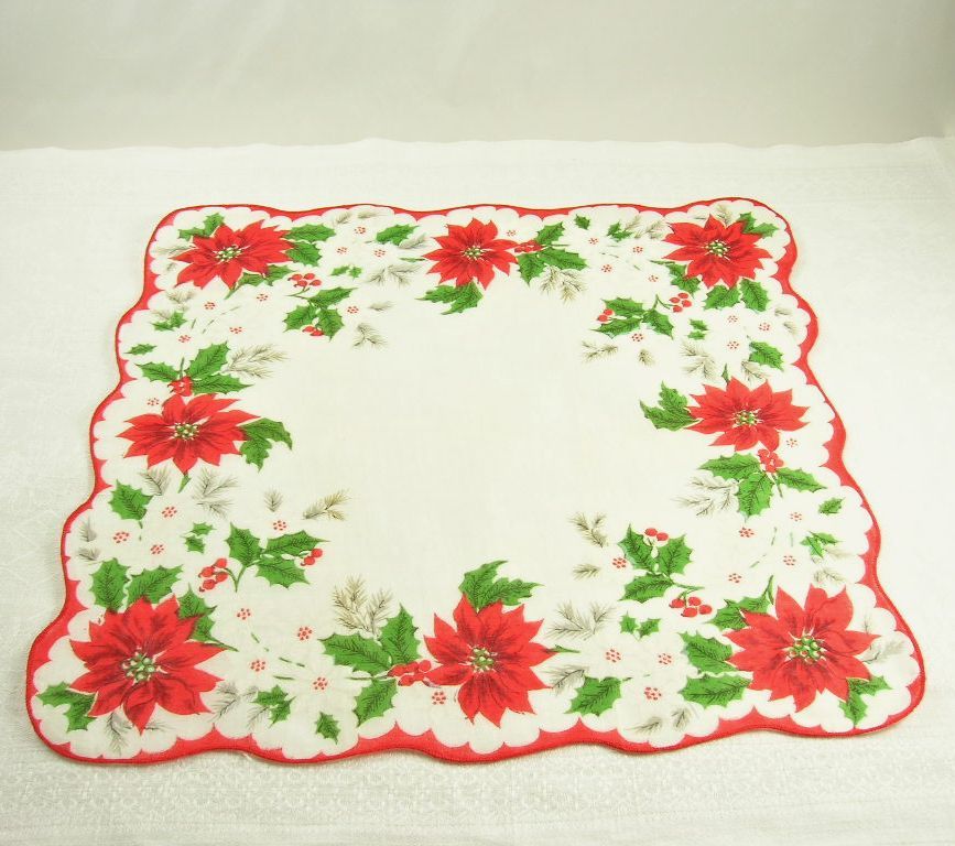 Vintage Christmas Handkerchief/Hanky Poinsettias Holly Pines Vintage Christmas Handkerchief/Hanky Poinsettias Holly Pines