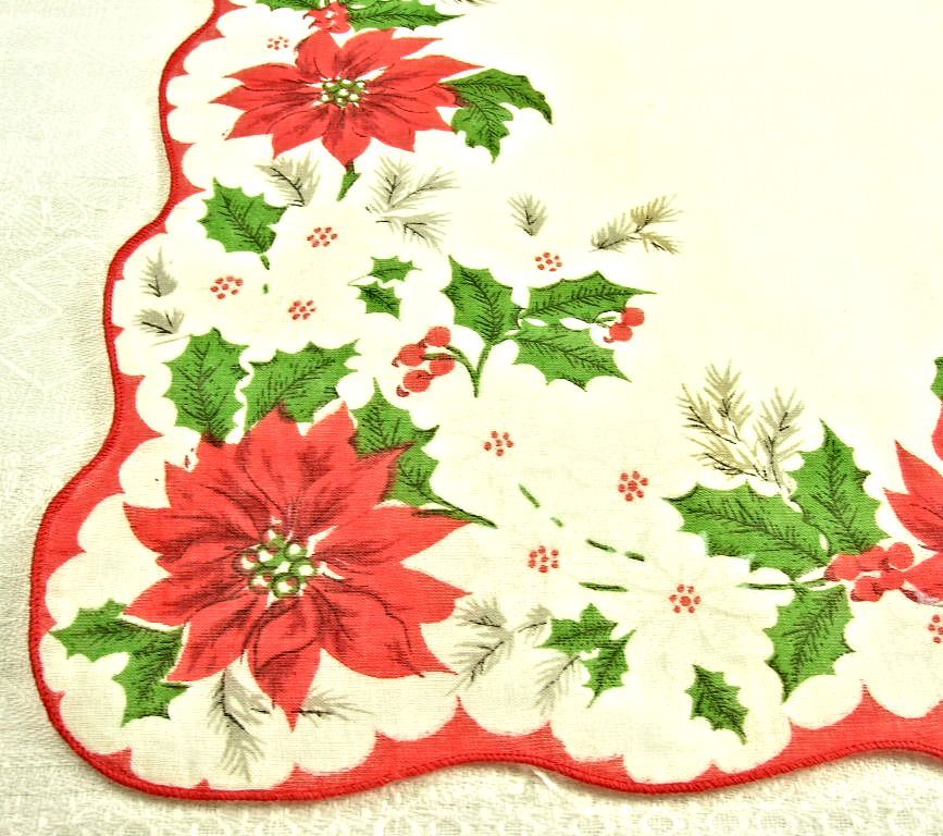 Vintage Christmas Handkerchief/Hanky Poinsettias Holly Pines Vintage Christmas Handkerchief/Hanky Poinsettias Holly Pines