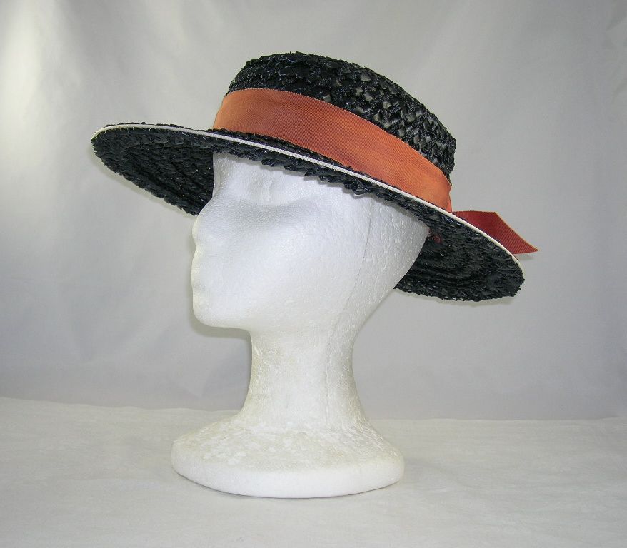 Vintage Betmar New York Paris Black Woven Straw Hat White Trim Vintage Betmar New York Paris Black Woven Straw Hat White Trim