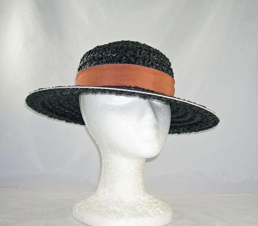 Vintage Betmar New York Paris Black Woven Straw Hat White Trim Vintage Betmar New York Paris Black Woven Straw Hat White Trim