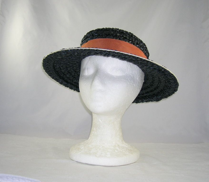Vintage Betmar New York Paris Black Woven Straw Hat White Trim Vintage Betmar New York Paris Black Woven Straw Hat White Trim
