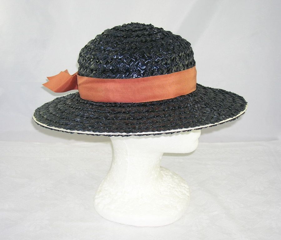 Vintage Betmar New York Paris Black Woven Straw Hat White Trim Vintage Betmar New York Paris Black Woven Straw Hat White Trim