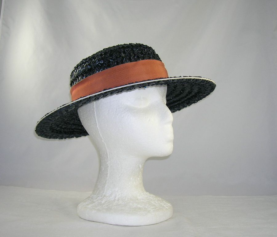 Vintage Betmar New York Paris Black Woven Straw Hat White Trim Vintage Betmar New York Paris Black Woven Straw Hat White Trim