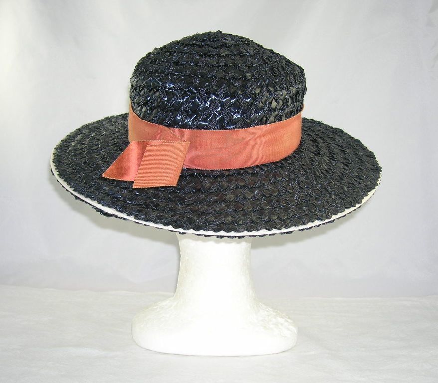 Vintage Betmar New York Paris Black Woven Straw Hat White Trim Vintage Betmar New York Paris Black Woven Straw Hat White Trim