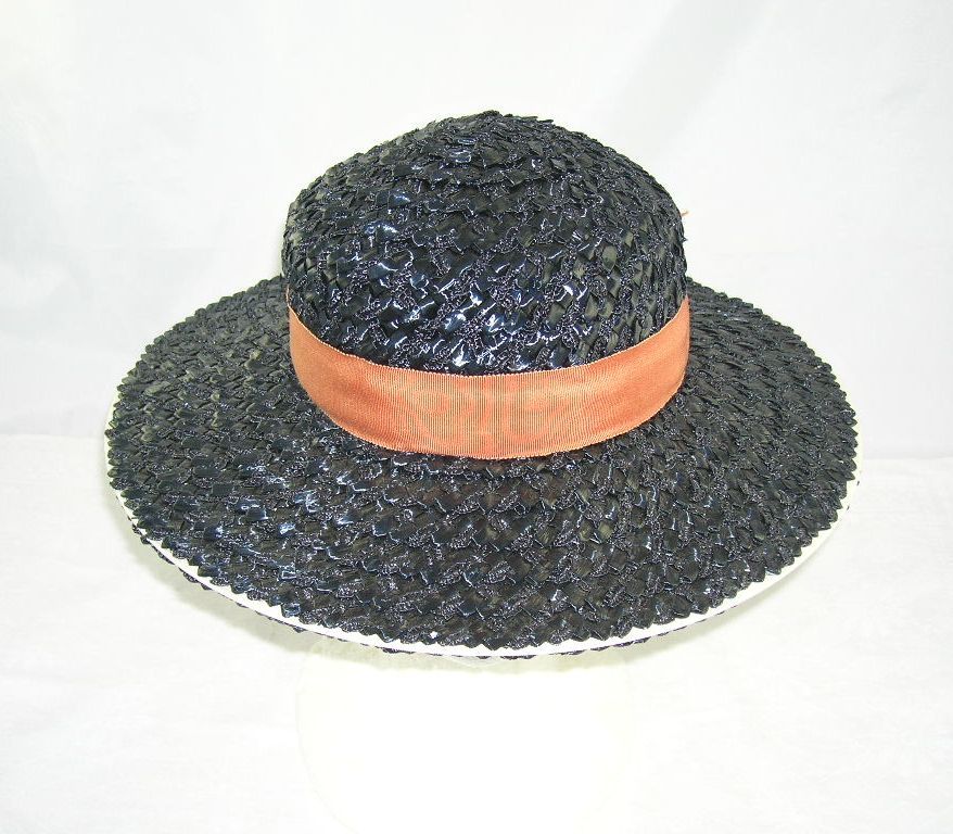 Vintage Betmar New York Paris Black Woven Straw Hat White Trim Vintage Betmar New York Paris Black Woven Straw Hat White Trim