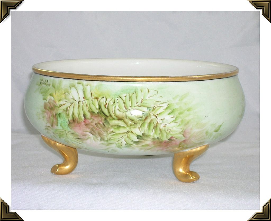 Limoges W. G. & Co. Footed Ferner Centerpiece Artist Signed Limoges W. G. & Co. Footed Ferner Centerpiece Artist Signed