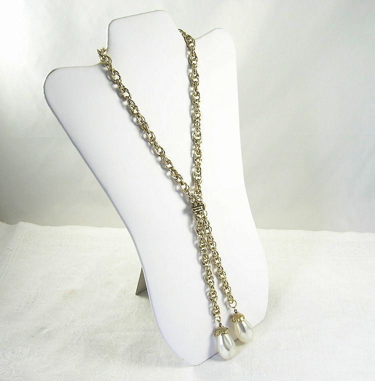 Vintage NOS 1970's Gold Tone Lariat Slide Faux Pearl Bead Necklace ~ Vintage NOS 1970's Gold Tone Lariat Slide Faux Pearl Bead Necklace ~