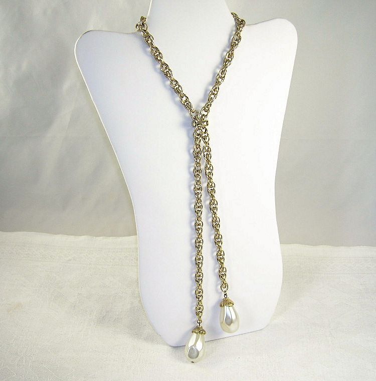Vintage NOS 1970's Gold Tone Lariat Slide Faux Pearl Bead Necklace ~ Vintage NOS 1970's Gold Tone Lariat Slide Faux Pearl Bead Necklace ~