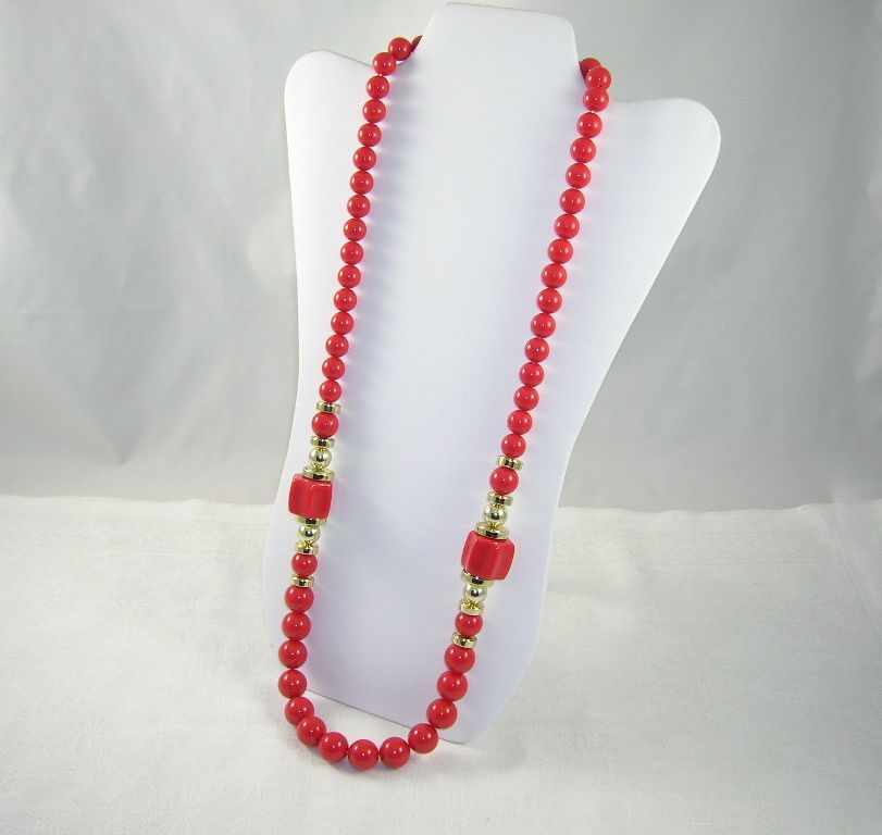 NOS Long Chunky Red & Gold Lucite Bead Necklace NOS Long Chunky Red & Gold Lucite Bead Necklace