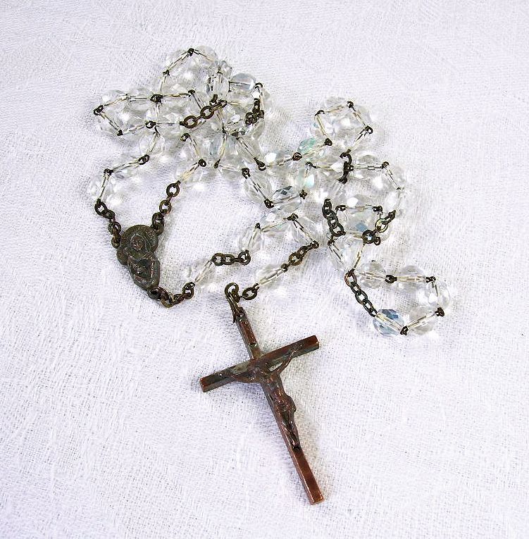 Lovely Vintage Catholic Religious Rosary Faceted AB Crystals Italy Lovely Vintage Catholic Religious Rosary Faceted AB Crystals Italy