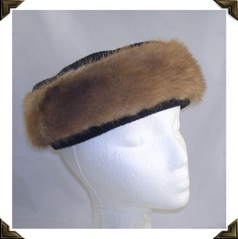 Elegant Vintage Pill Box Hat Black Textured Fabric & Mink Fur Elegant Vintage Pill Box Hat Black Textured Fabric & Mink Fur