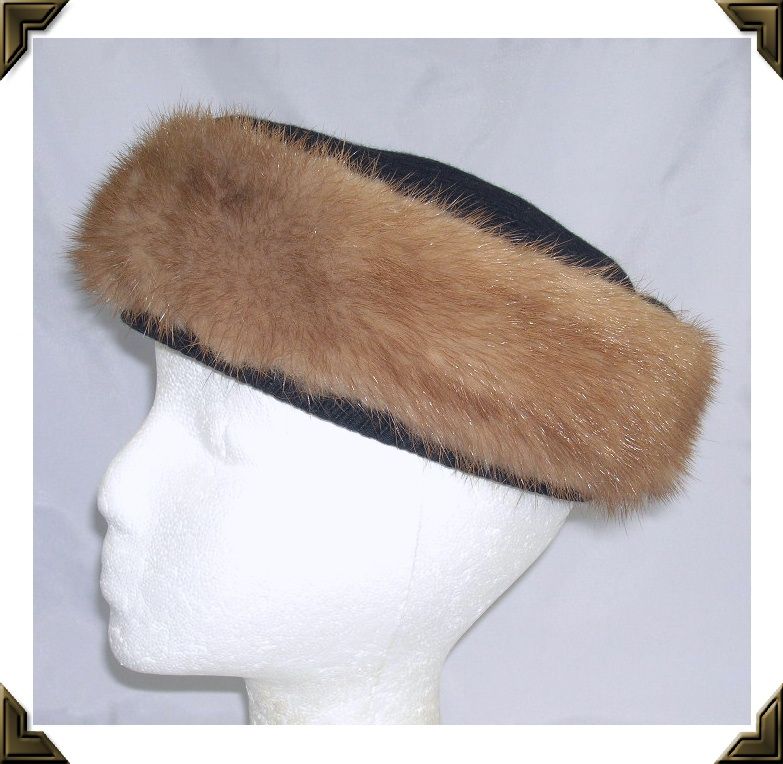 Elegant Vintage Pill Box Hat Black Textured Fabric & Mink Fur Elegant Vintage Pill Box Hat Black Textured Fabric & Mink Fur