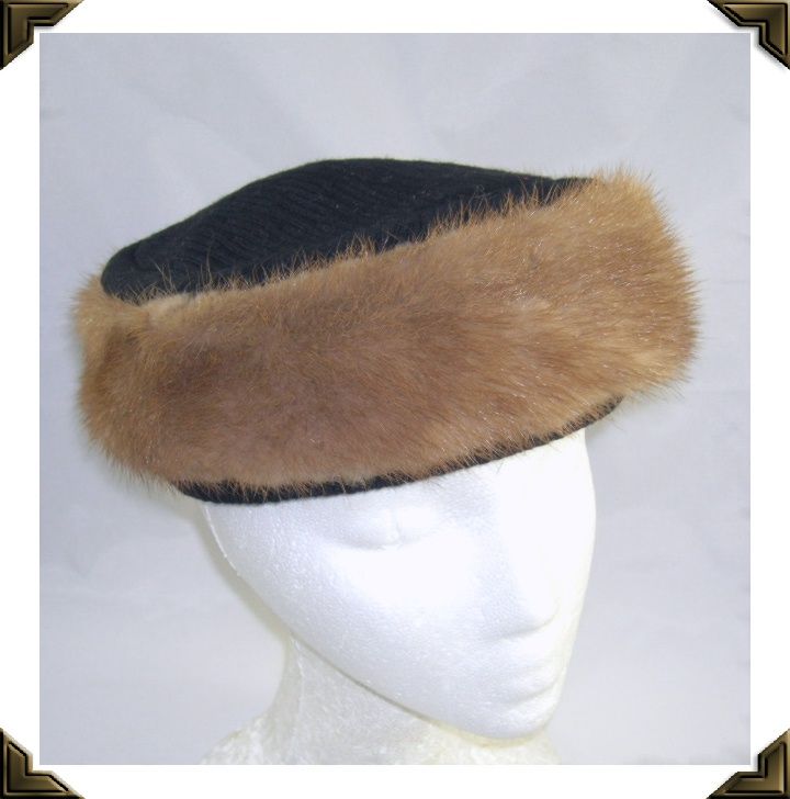 Elegant Vintage Pill Box Hat Black Textured Fabric & Mink Fur Elegant Vintage Pill Box Hat Black Textured Fabric & Mink Fur