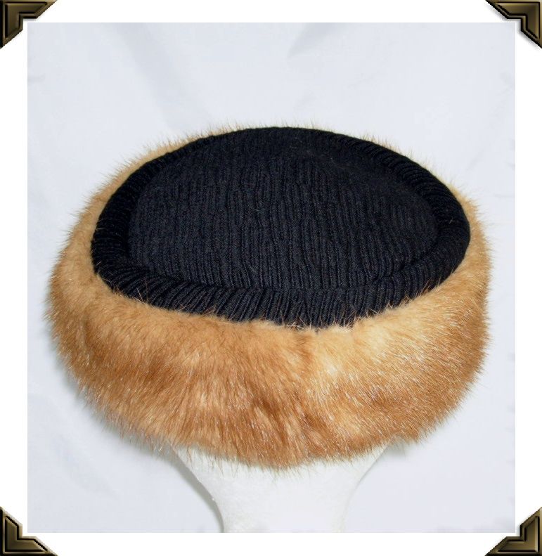 Elegant Vintage Pill Box Hat Black Textured Fabric & Mink Fur Elegant Vintage Pill Box Hat Black Textured Fabric & Mink Fur