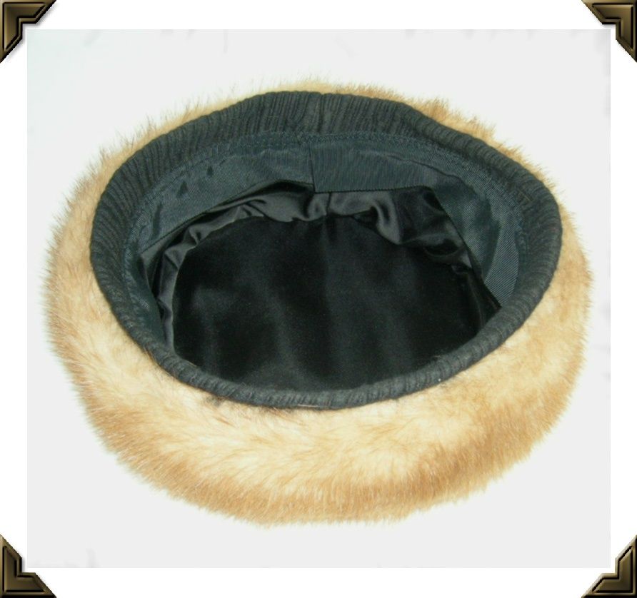 Elegant Vintage Pill Box Hat Black Textured Fabric & Mink Fur Elegant Vintage Pill Box Hat Black Textured Fabric & Mink Fur