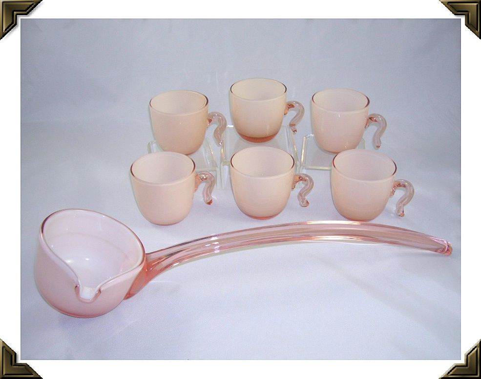 Elegant Pink Glass Cased/Overlay Punch Bowl Cups & Ladle Elegant Pink Glass Cased/Overlay Punch Bowl Cups & Ladle
