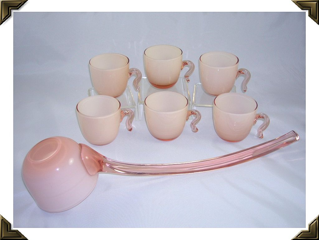 Elegant Pink Glass Cased/Overlay Punch Bowl Cups & Ladle Elegant Pink Glass Cased/Overlay Punch Bowl Cups & Ladle
