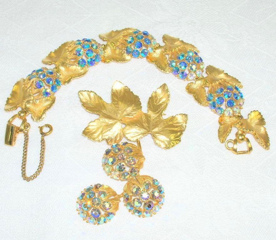 1950's Schiaparelli Golden Leaves AB Rhinestone Bracelet & Dangling Brooch 1950's Schiaparelli Golden Leaves AB Rhinestone Bracelet & Dangling Brooch