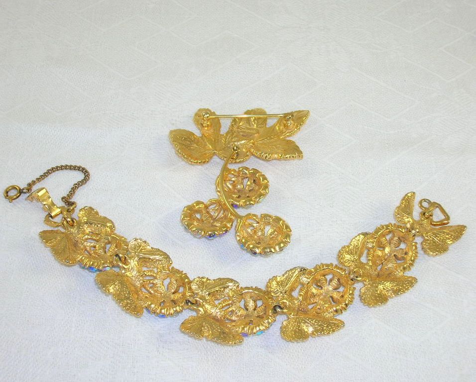 1950's Schiaparelli Golden Leaves AB Rhinestone Bracelet & Dangling Brooch 1950's Schiaparelli Golden Leaves AB Rhinestone Bracelet & Dangling Brooch