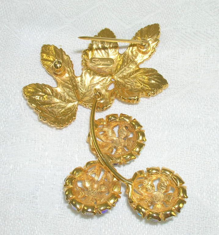 1950's Schiaparelli Golden Leaves AB Rhinestone Bracelet & Dangling Brooch 1950's Schiaparelli Golden Leaves AB Rhinestone Bracelet & Dangling Brooch