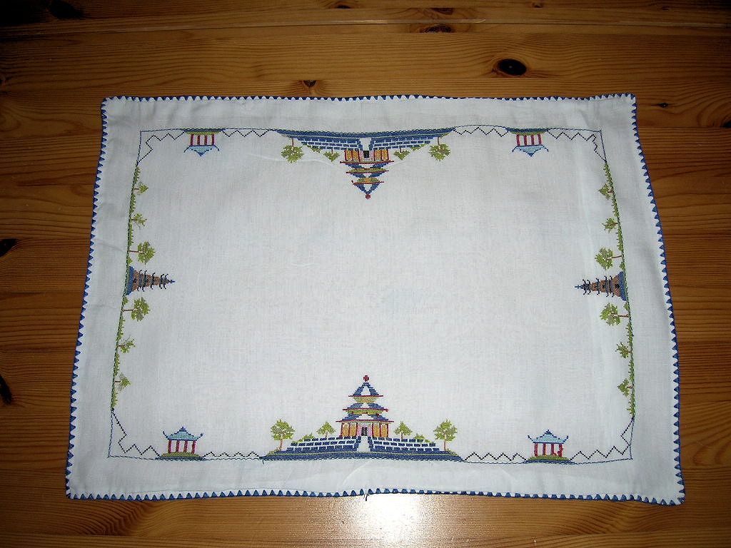 Darling Vintage White Baby Doll Pillow Sham/Case Cross Stitch Asian Pagoda Design Darling Vintage White Baby Doll Pillow Sham/Case Cross Stitch Asian Pagoda Design