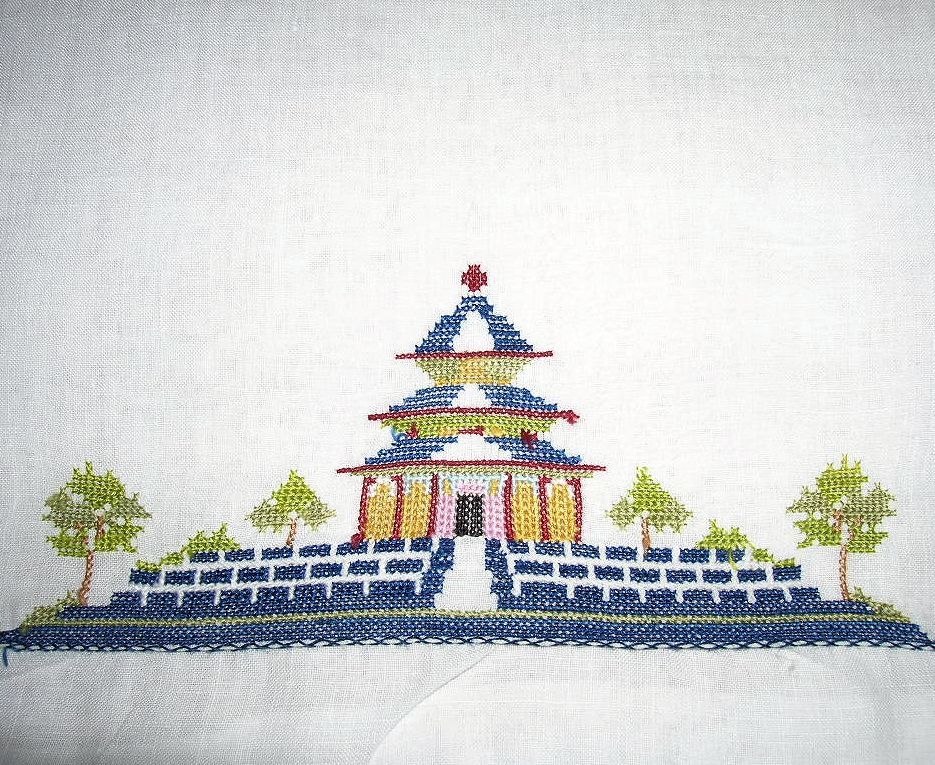 Darling Vintage White Baby Doll Pillow Sham/Case Cross Stitch Asian Pagoda Design Darling Vintage White Baby Doll Pillow Sham/Case Cross Stitch Asian Pagoda Design
