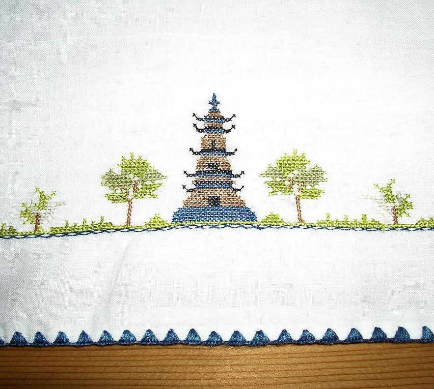 Darling Vintage White Baby Doll Pillow Sham/Case Cross Stitch Asian Pagoda Design Darling Vintage White Baby Doll Pillow Sham/Case Cross Stitch Asian Pagoda Design