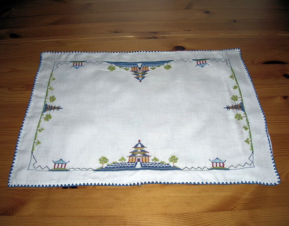 Darling Vintage White Baby Doll Pillow Sham/Case Cross Stitch Asian Pagoda Design Darling Vintage White Baby Doll Pillow Sham/Case Cross Stitch Asian Pagoda Design