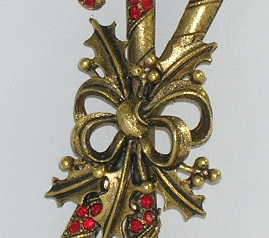 Weiss Vintage Red Rhinestone Candy Cane Bow & Holly Brooch Pin Weiss Vintage Red Rhinestone Candy Cane Bow & Holly Brooch Pin