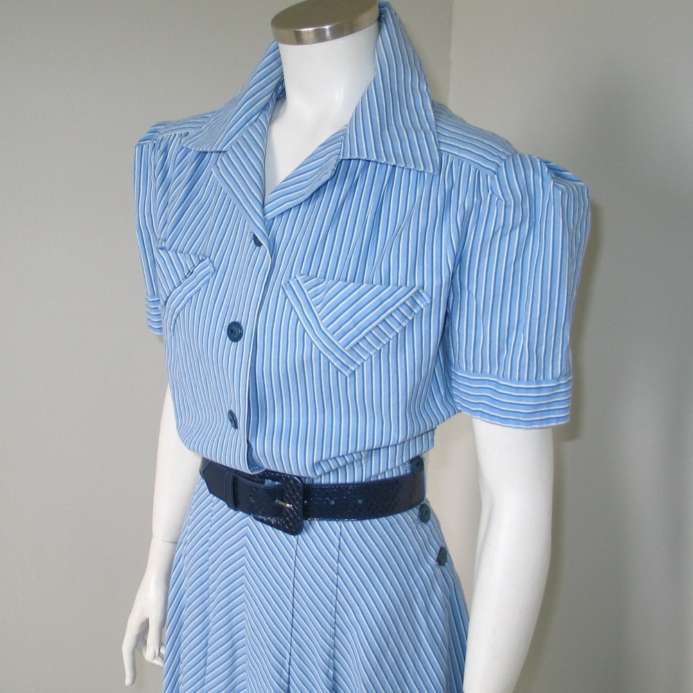 Vintage Blue and White Striped Shirtwaist Dress with Flared Bias Skirt M Vintage Blue and White Striped Shirtwaist Dress with Flared Bias Skirt M
