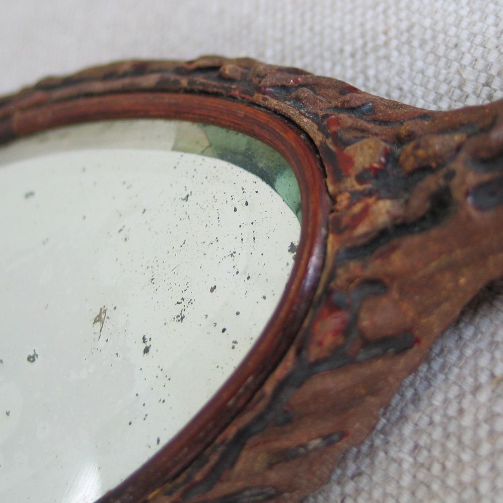 Antique Art Nouveau Era Primitive Faux Bois Beveled Glass Vanity Hand Mirror Antique Art Nouveau Era Primitive Faux Bois Beveled Glass Vanity Hand Mirror