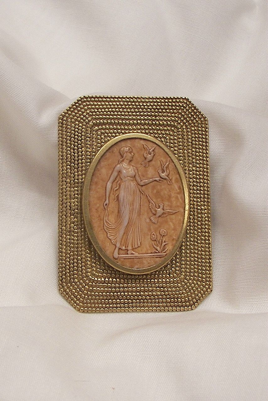 Unique and lovely Art Deco style Lucite carved cameo Brooch Detailed deco style woman with Birds Unique and lovely Art Deco style Lucite carved cameo Brooch Detailed deco style woman with Birds
