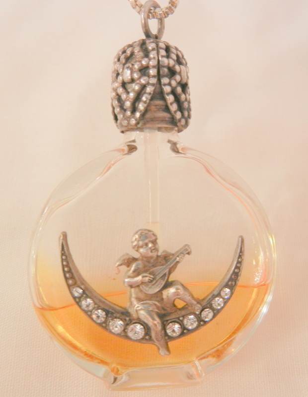 Rare Sterling Austria Mandolin cherub on rhinestone half moon glass perfume Bottle Necklace Rare Sterling Austria Mandolin cherub on rhinestone half moon glass perfume Bottle Necklace