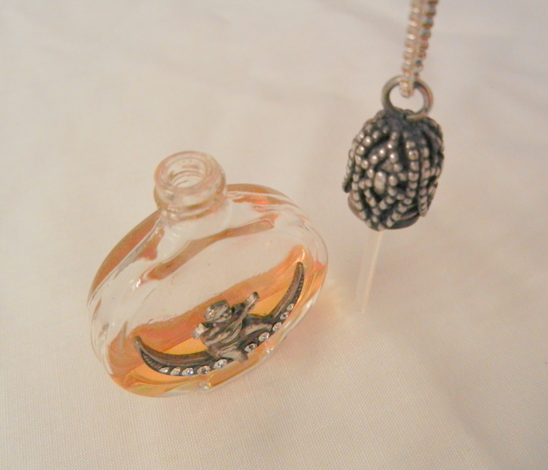 Rare Sterling Austria Mandolin cherub on rhinestone half moon glass perfume Bottle Necklace Rare Sterling Austria Mandolin cherub on rhinestone half moon glass perfume Bottle Necklace