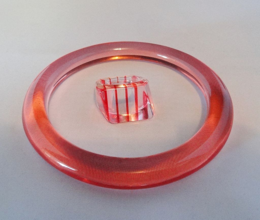 Vintage Translucent Pink Geometric Lucite Ring and Bangle Bracelet Vintage Translucent Pink Geometric Lucite Ring and Bangle Bracelet
