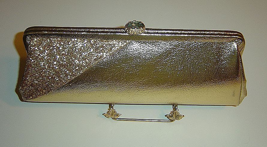 Gold Lame` with Glitter and Rhinestone Accent Convertible Clutch Evening Bag Purse Gold Lame` with Glitter and Rhinestone Accent Convertible Clutch Evening Bag Purse