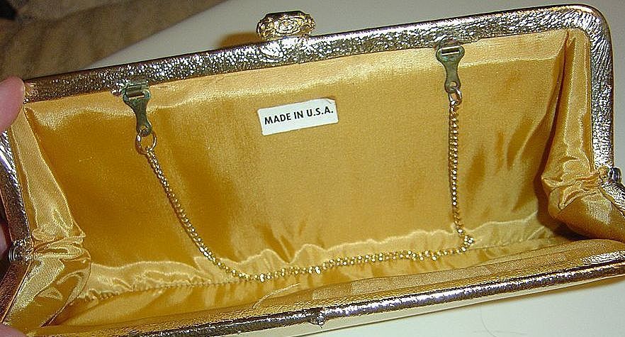 Gold Lame` with Glitter and Rhinestone Accent Convertible Clutch Evening Bag Purse Gold Lame` with Glitter and Rhinestone Accent Convertible Clutch Evening Bag Purse