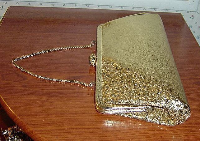 Gold Lame` with Glitter and Rhinestone Accent Convertible Clutch Evening Bag Purse Gold Lame` with Glitter and Rhinestone Accent Convertible Clutch Evening Bag Purse