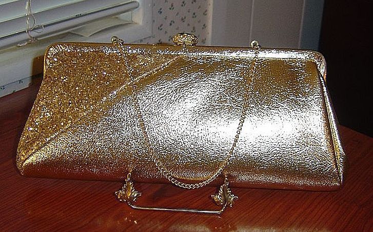 Gold Lame` with Glitter and Rhinestone Accent Convertible Clutch Evening Bag Purse Gold Lame` with Glitter and Rhinestone Accent Convertible Clutch Evening Bag Purse