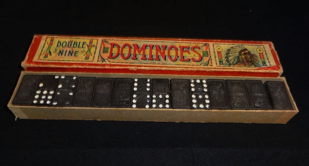 Vintage Wooden Indian Chief Double Nine Dominoes in Original Box Vintage Wooden Indian Chief Double Nine Dominoes in Original Box