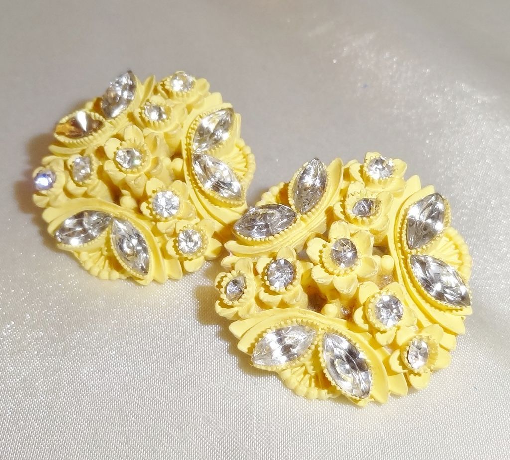 Yellow Celluloid and Rhinestone Earrings - Japan Yellow Celluloid and Rhinestone Earrings - Japan