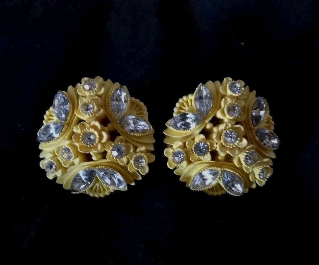 Yellow Celluloid and Rhinestone Earrings - Japan Yellow Celluloid and Rhinestone Earrings - Japan