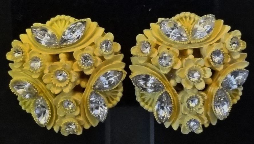 Yellow Celluloid and Rhinestone Earrings - Japan Yellow Celluloid and Rhinestone Earrings - Japan