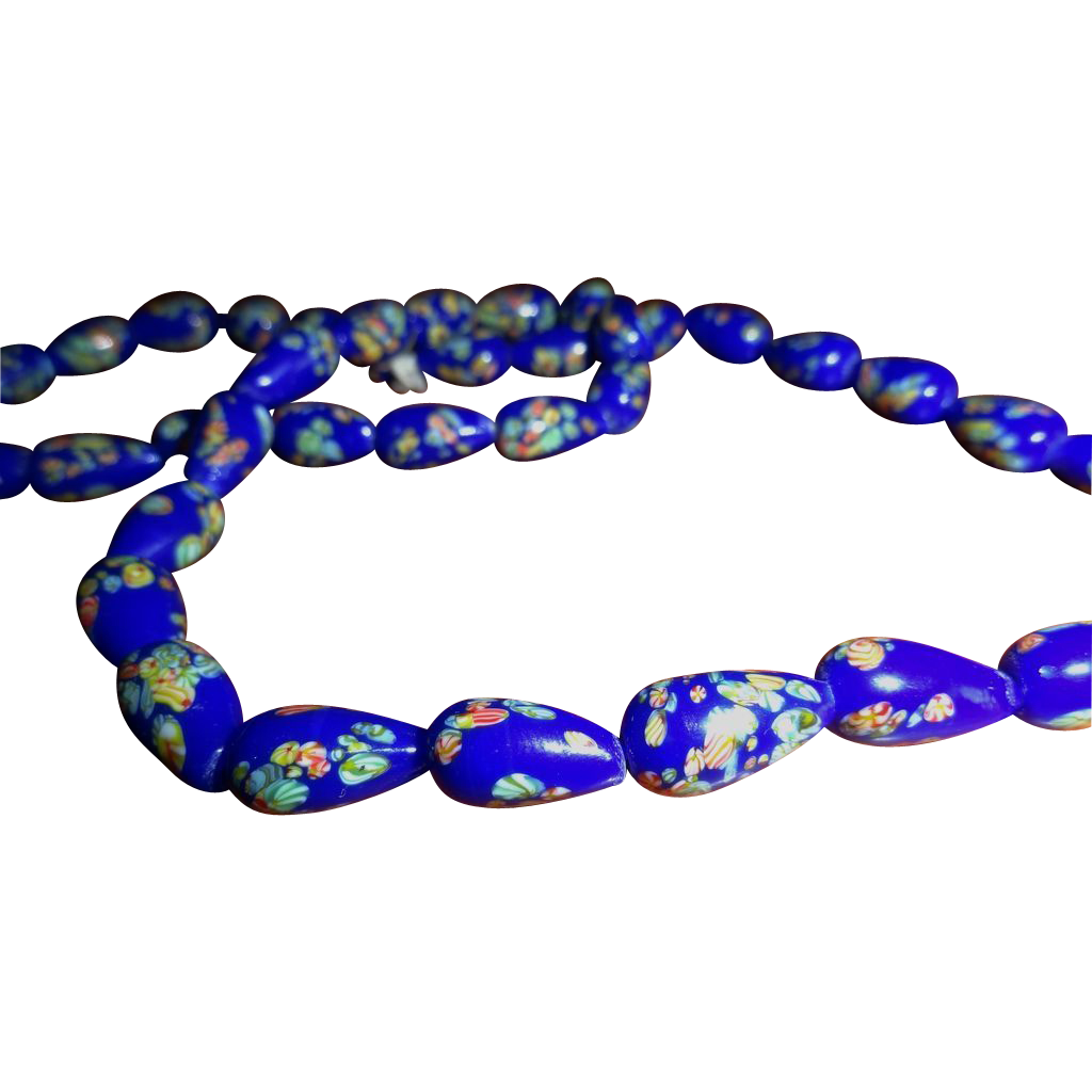 Vintage Cobalt Blue Glass Millefiori Beaded Necklace Vintage Cobalt Blue Glass Millefiori Beaded Necklace