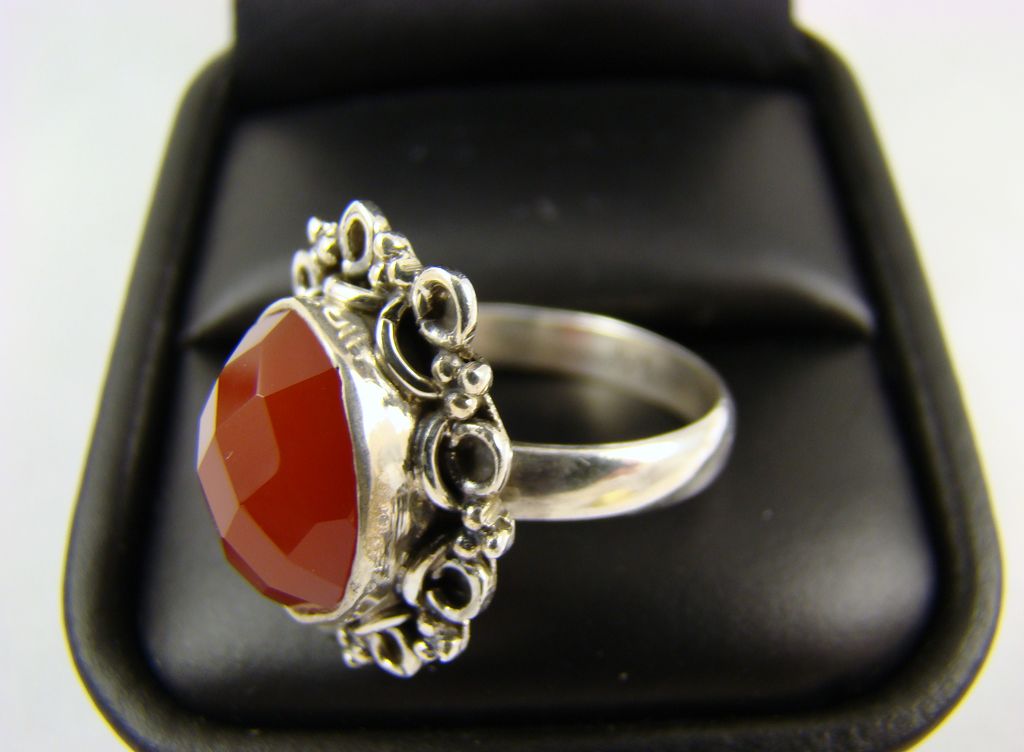 Fancy Faceted Simulated Carnelian Cabochon in Ornate Sterling Fancy Faceted Simulated Carnelian Cabochon in Ornate Sterling